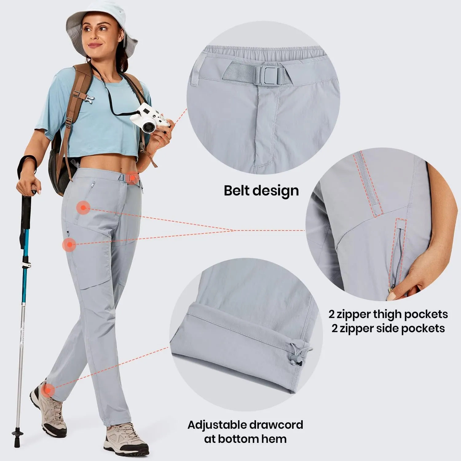 CRZ YOGA Women's Lightweight Outdoor Hiking Pants UPF 50  Waterproof Stretch Athletic Workout Joggers with 4 Zipper Pockets