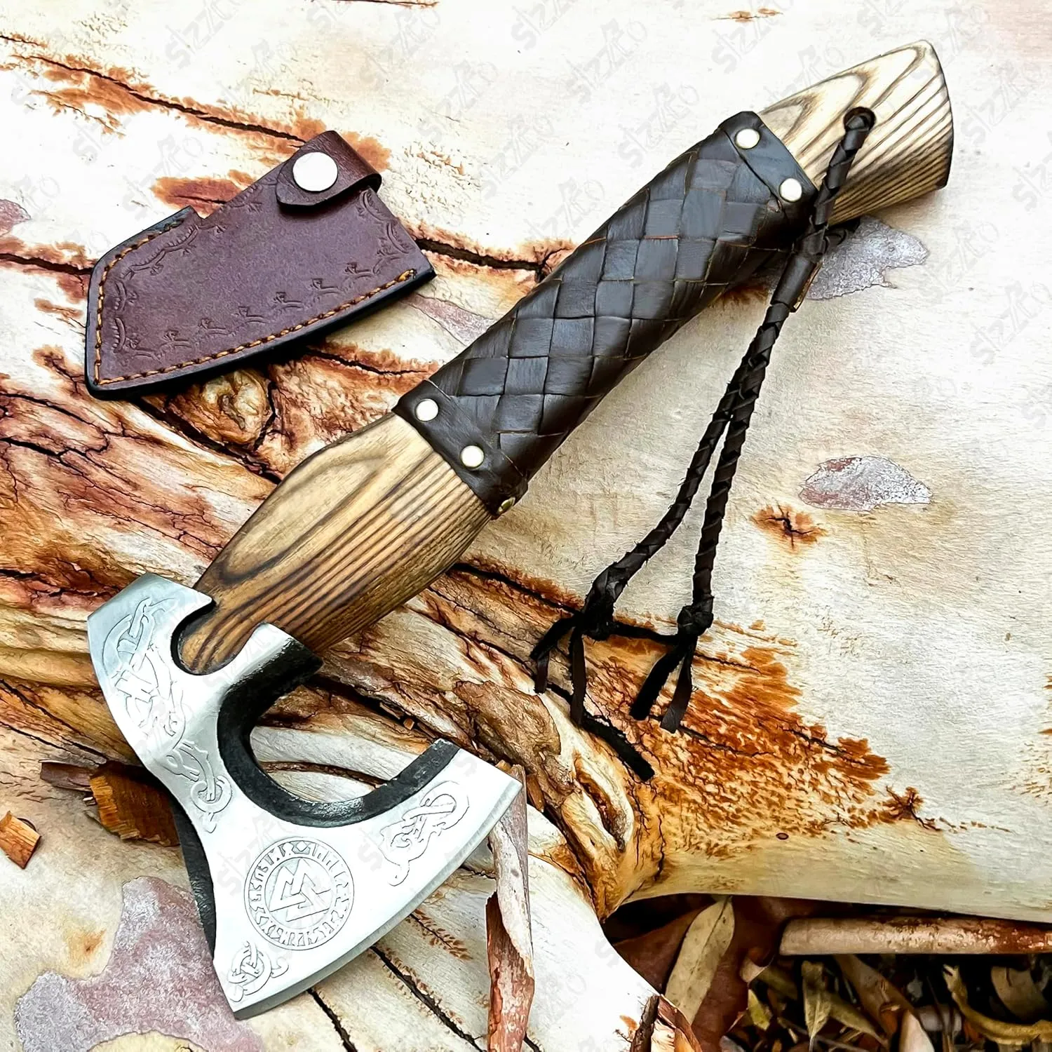 Custom Forged Carbon Steel Viking Style Bearded Axe - Real Hatchet, Throwing & Camping Axe with Leather Wrap Best Gift for Anniversary, Valentine's Day, Birthday with Premium Leather Sheath