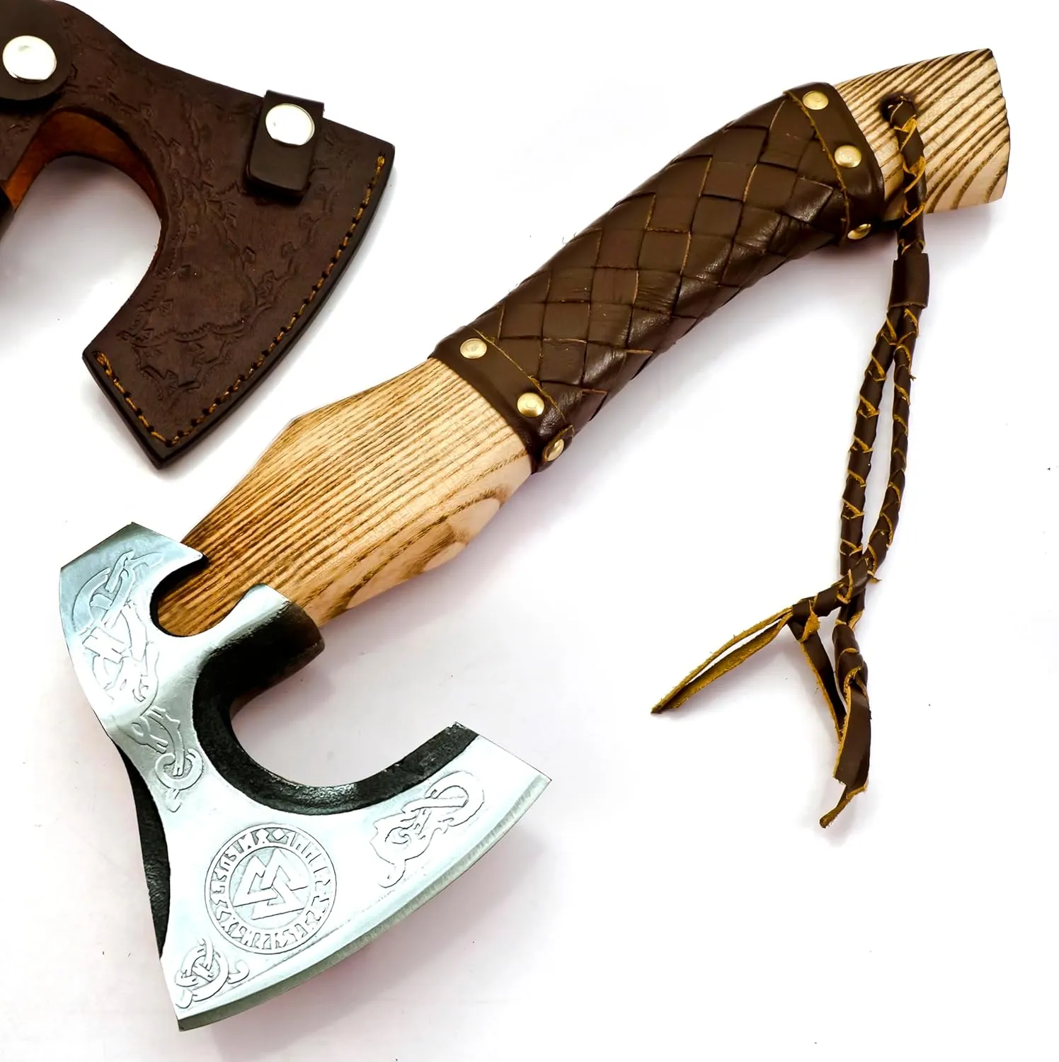 Custom Forged Carbon Steel Viking Style Bearded Axe - Real Hatchet, Throwing & Camping Axe with Leather Wrap Best Gift for Anniversary, Valentine's Day, Birthday with Premium Leather Sheath