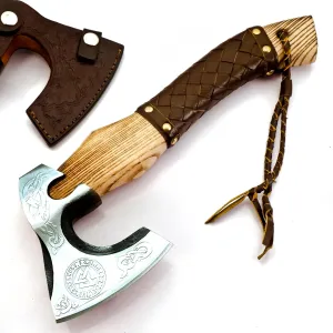 Custom Forged Carbon Steel Viking Style Bearded Axe - Real Hatchet, Throwing & Camping Axe with Leather Wrap Best Gift for Anniversary, Valentine's Day, Birthday with Premium Leather Sheath