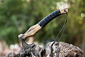 Custom Gift Forged Carbon Steel Viking Axe with Ash Wood Shaft, Viking Camping Axe & Hatchet OHM-0121, Beautiful Gift for Father, Brother or for Him (Valhalla Axe)