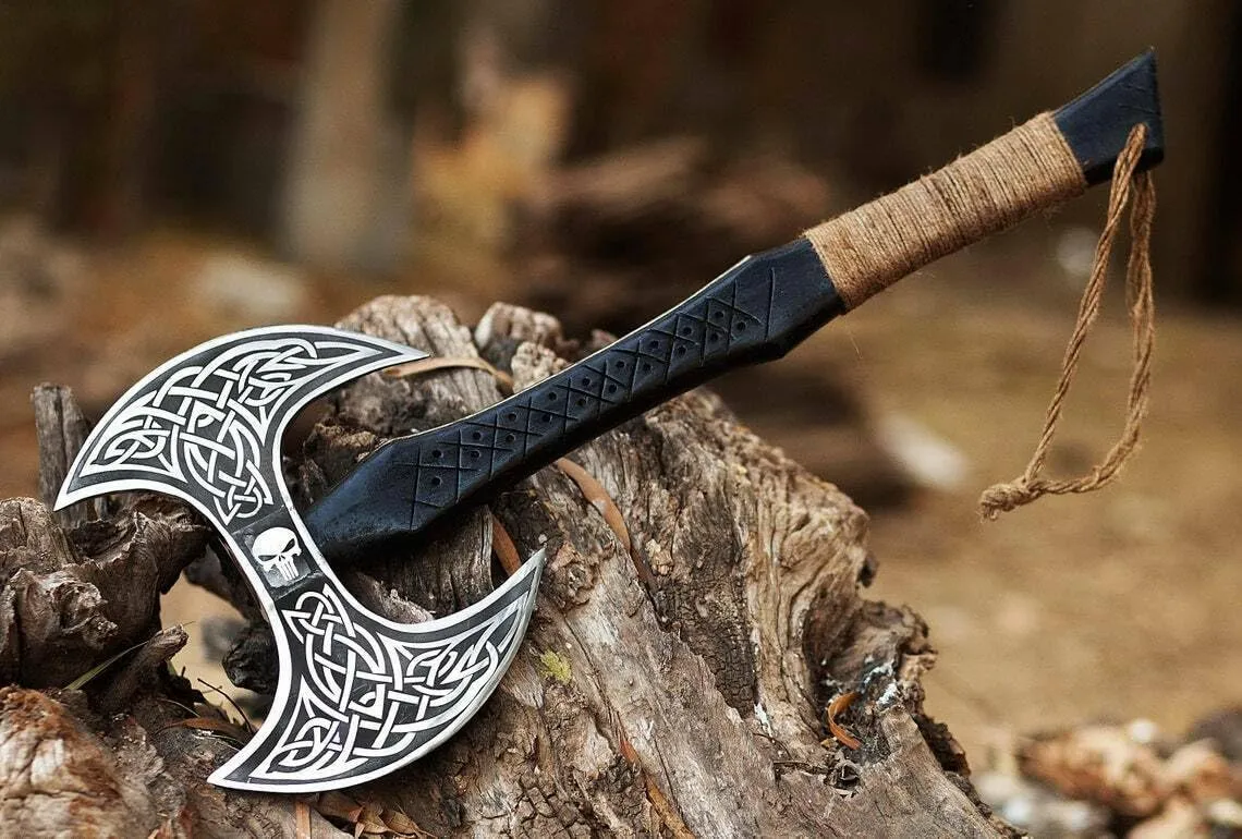 Custom Hand Made Forged Carbon Steel Viking Axe Real Tomahawk,Gifts for him, Valhalla Double Bit Axe, Viking Gift for Men,Camping Hatchet, Bearded Axe with Premium Leather Sheath (AX05)