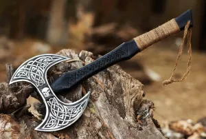 Custom Hand Made Forged Carbon Steel Viking Axe Real Tomahawk,Gifts for him, Valhalla Double Bit Axe, Viking Gift for Men,Camping Hatchet, Bearded Axe with Premium Leather Sheath (AX05)