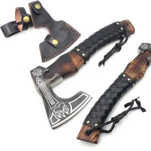 Custom Handmade Carbon Steel Real Viking Axe Hatchet,Camping Axe, Birthday Gift for him, Leather Wrapped Handle and Leather Sheath ((FM 23))