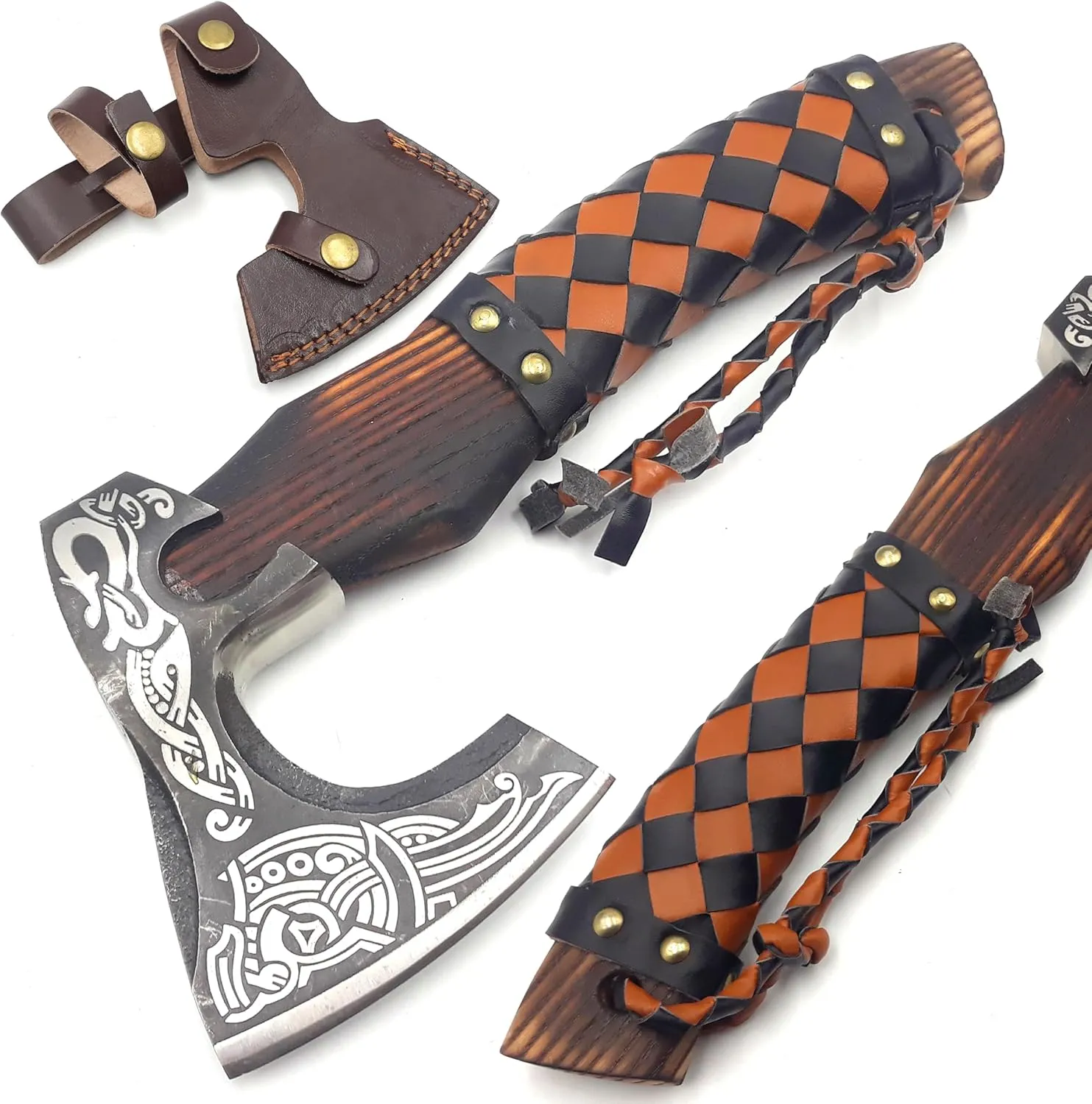 Custom Handmade Carbon Steel Real Viking Axe Hatchet,Camping Axe, Birthday Gift for him, Leather Wrapped Handle and Leather Sheath (FM 26)