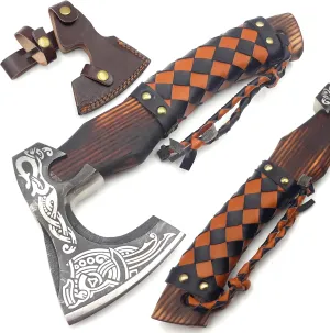 Custom Handmade Carbon Steel Real Viking Axe Hatchet,Camping Axe, Birthday Gift for him, Leather Wrapped Handle and Leather Sheath (FM 26)