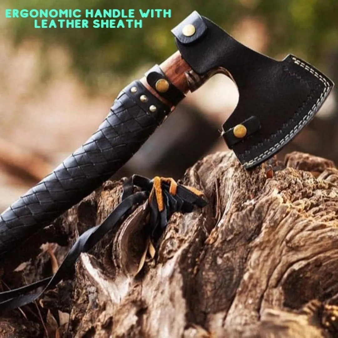 Custom Handmade Carbon Steel Viking Axe – 19” Inches Hand Forged Medieval Axe with Leather Sheath – Camping and Forest Hunting Hatchet – Gift for HIM (Full Leather)