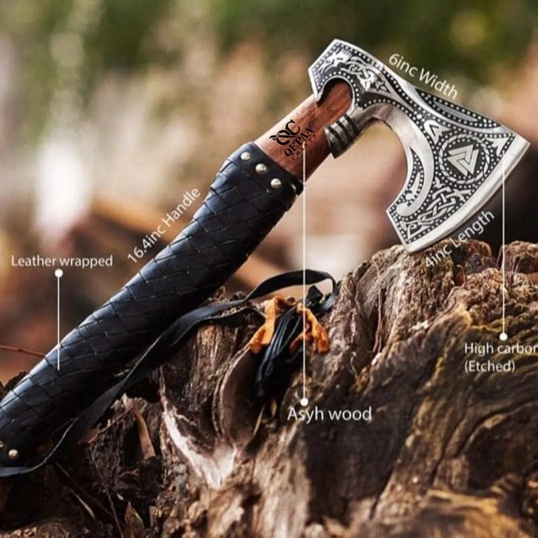 Custom Handmade Carbon Steel Viking Axe – 19” Inches Hand Forged Medieval Axe with Leather Sheath – Camping and Forest Hunting Hatchet – Gift for HIM (Full Leather)