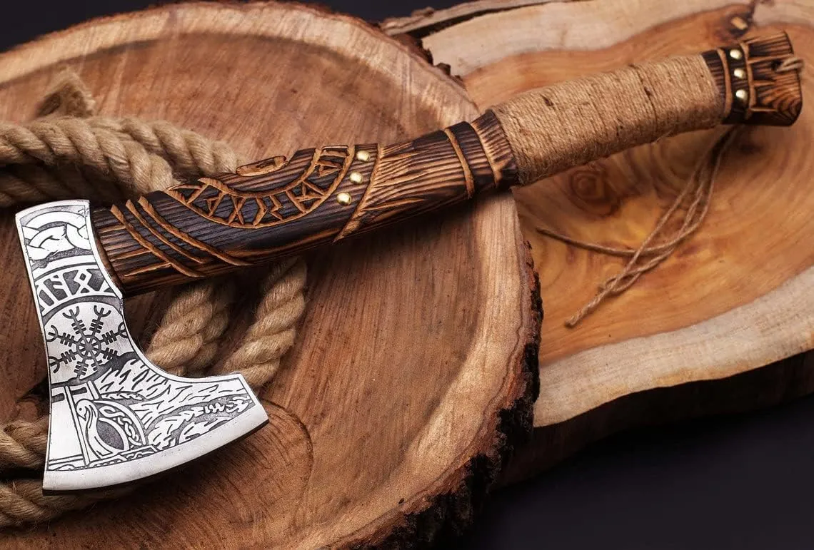 Custom Handmade Viking Axe Barded Hunting Axe's Outdoor Camping Ash Wood Handle Hatchet Axes with Leather Sheath Gift for Men (VK-AXE-02)