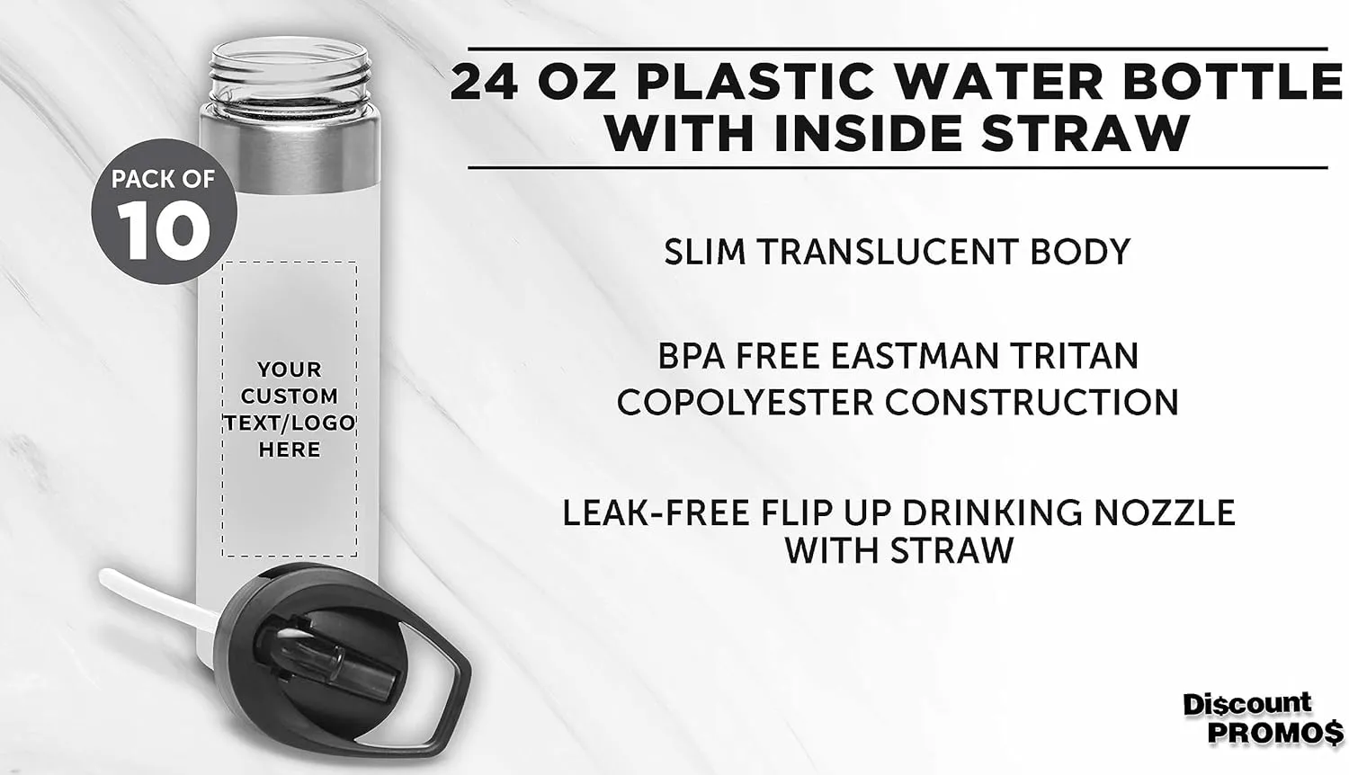Custom Plastic Water Bottle 24 oz with Inside Straw - 10 Pack - Personalized Text - BPA Free, Screw-On Cap Flip Nozzle Mechanism - Slim Translucent Body - Eastman Tritan Copolyester - Clear
