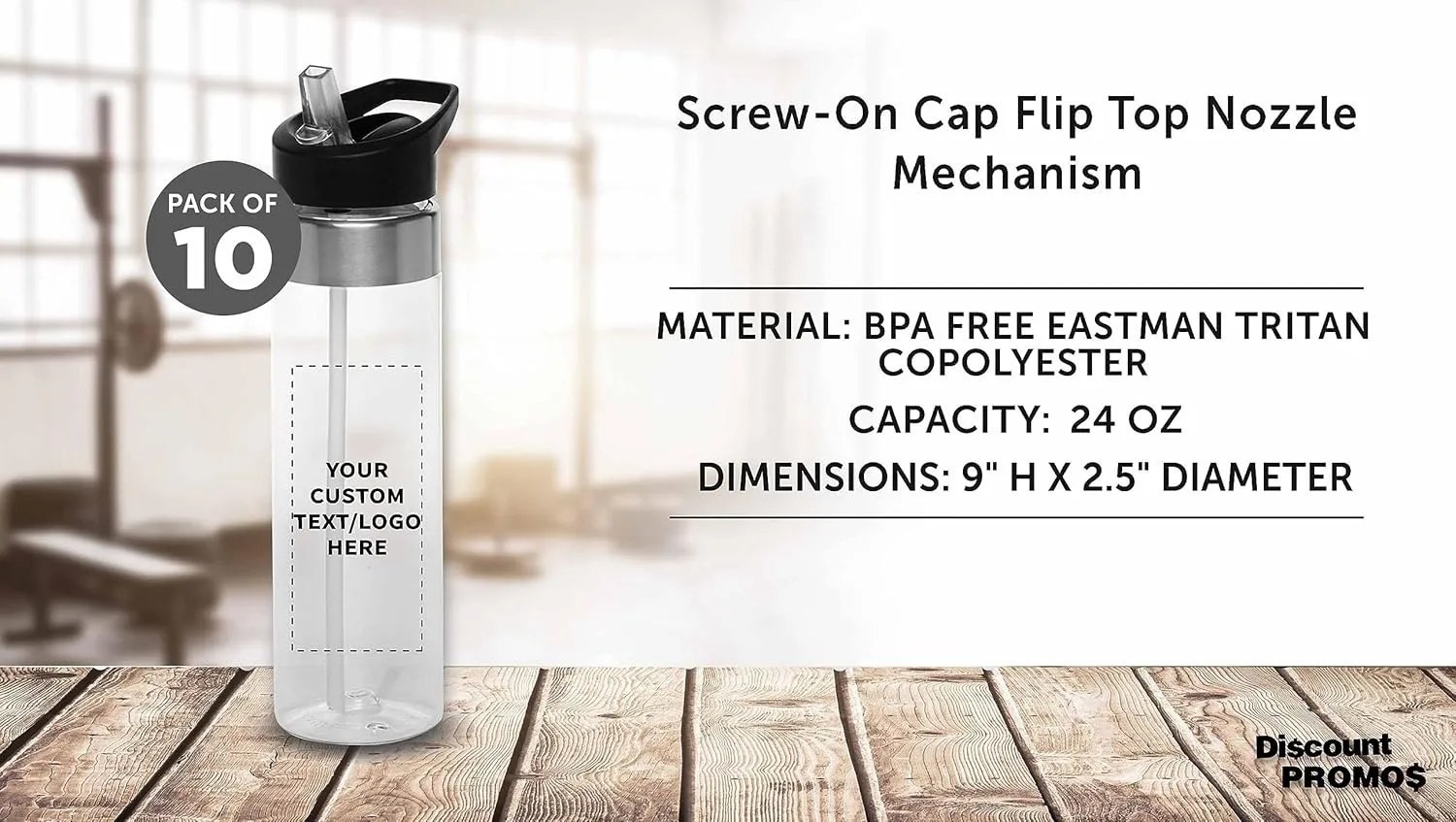 Custom Plastic Water Bottle 24 oz with Inside Straw - 10 Pack - Personalized Text - BPA Free, Screw-On Cap Flip Nozzle Mechanism - Slim Translucent Body - Eastman Tritan Copolyester - Clear