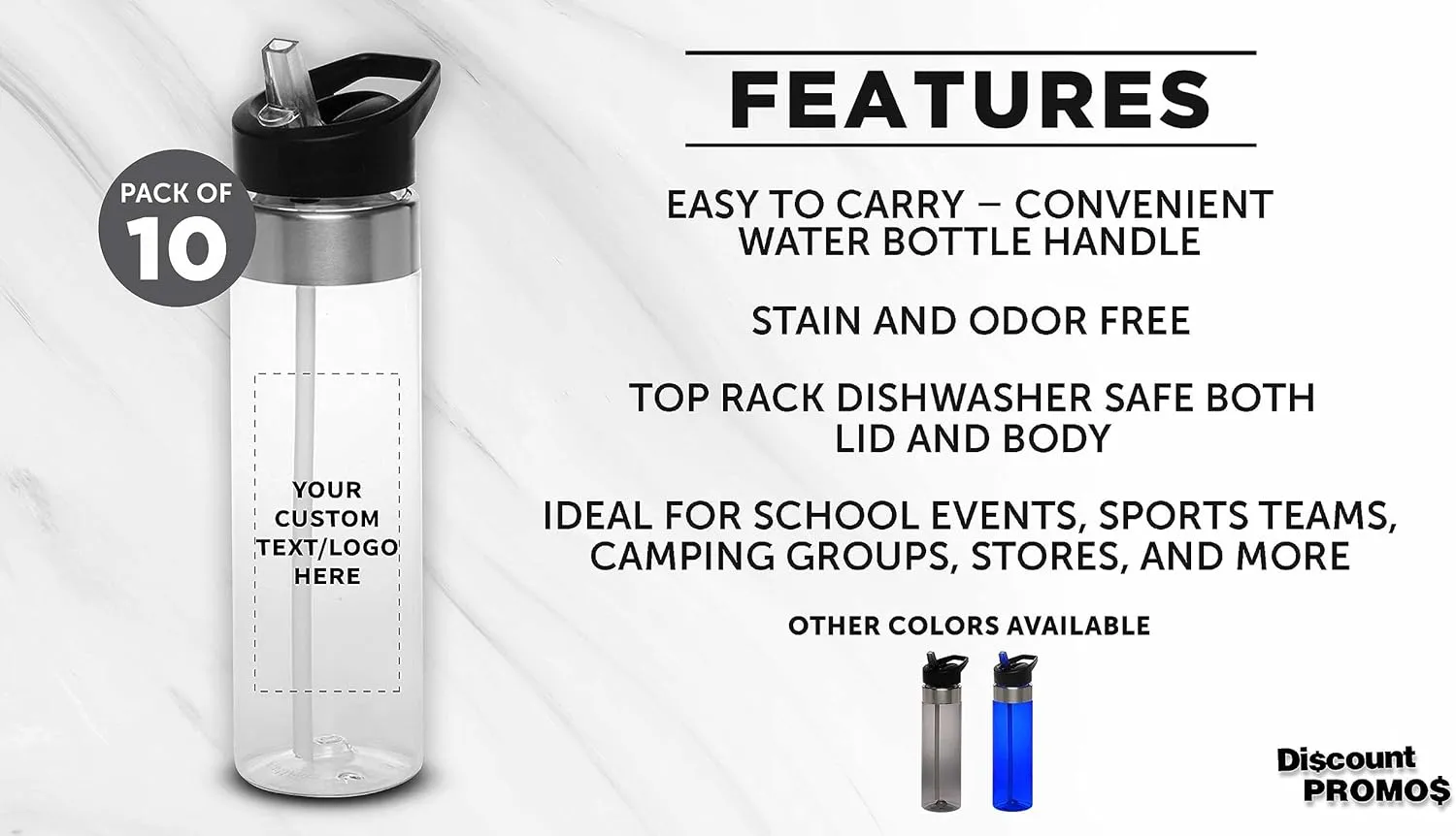 Custom Plastic Water Bottle 24 oz with Inside Straw - 10 Pack - Personalized Text - BPA Free, Screw-On Cap Flip Nozzle Mechanism - Slim Translucent Body - Eastman Tritan Copolyester - Clear