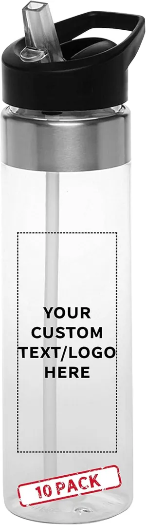 Custom Plastic Water Bottle 24 oz with Inside Straw - 10 Pack - Personalized Text - BPA Free, Screw-On Cap Flip Nozzle Mechanism - Slim Translucent Body - Eastman Tritan Copolyester - Clear