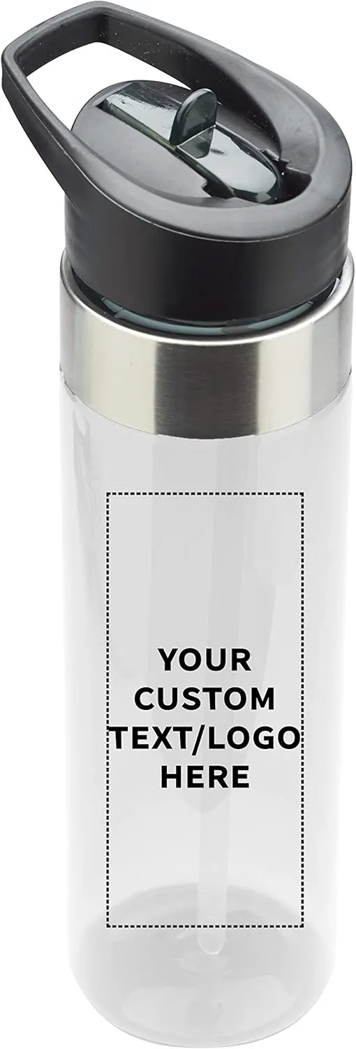 Custom Plastic Water Bottle 24 oz with Inside Straw - 10 Pack - Personalized Text - BPA Free, Screw-On Cap Flip Nozzle Mechanism - Slim Translucent Body - Eastman Tritan Copolyester - Clear