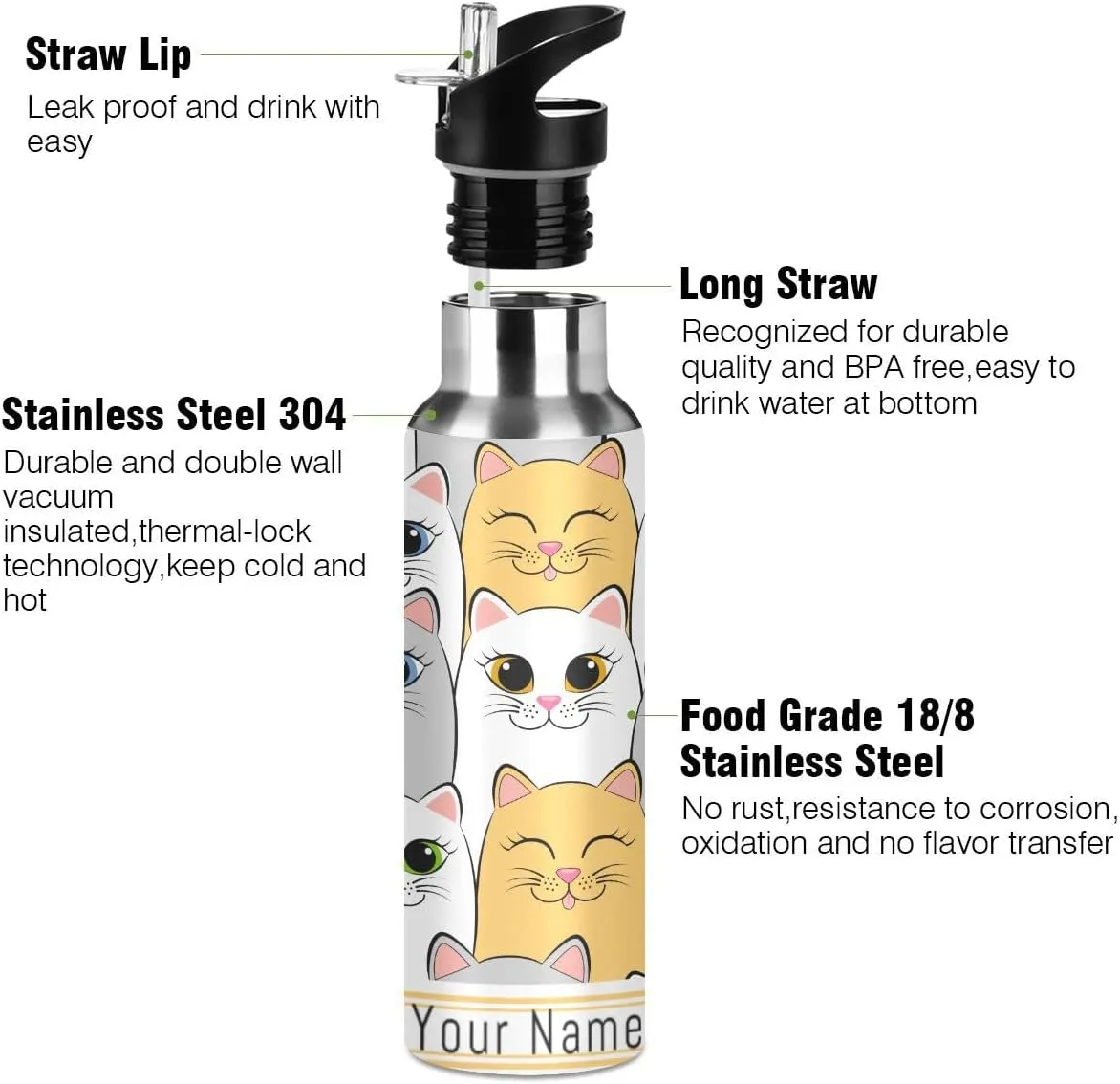Custom Water Bottle with Straw, Cute Kitten White Cat Lid Thermos Kids Insulated Stainless Steel Water Flask Sports, 20 Oz Hot Cold