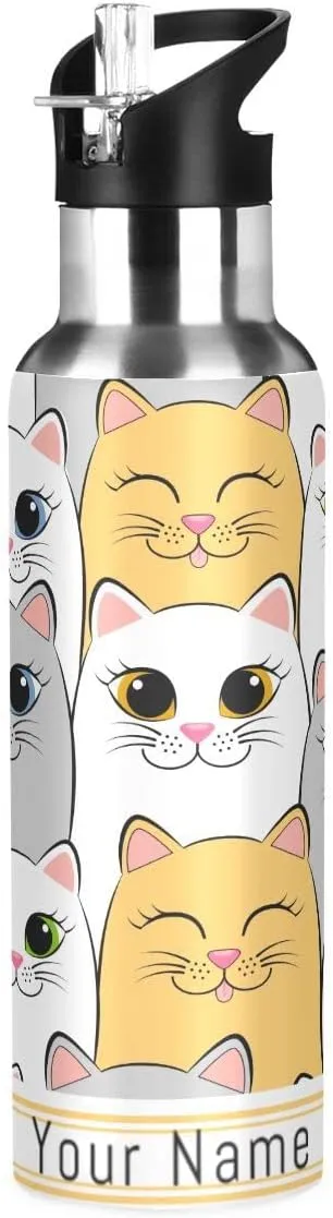 Custom Water Bottle with Straw, Cute Kitten White Cat Lid Thermos Kids Insulated Stainless Steel Water Flask Sports, 20 Oz Hot Cold
