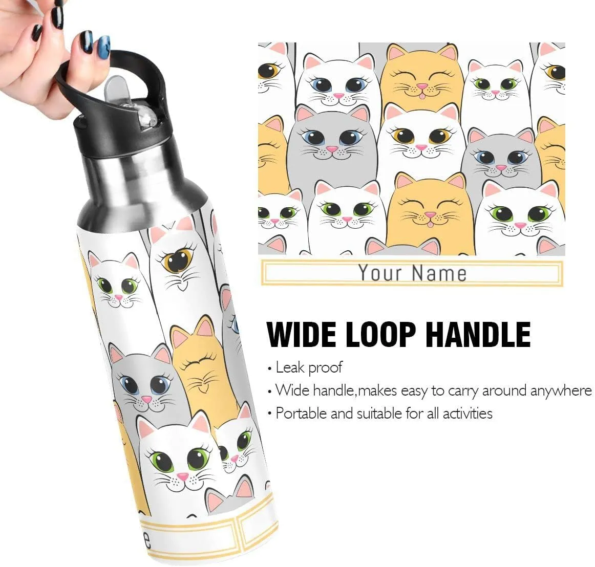 Custom Water Bottle with Straw, Cute Kitten White Cat Lid Thermos Kids Insulated Stainless Steel Water Flask Sports, 20 Oz Hot Cold