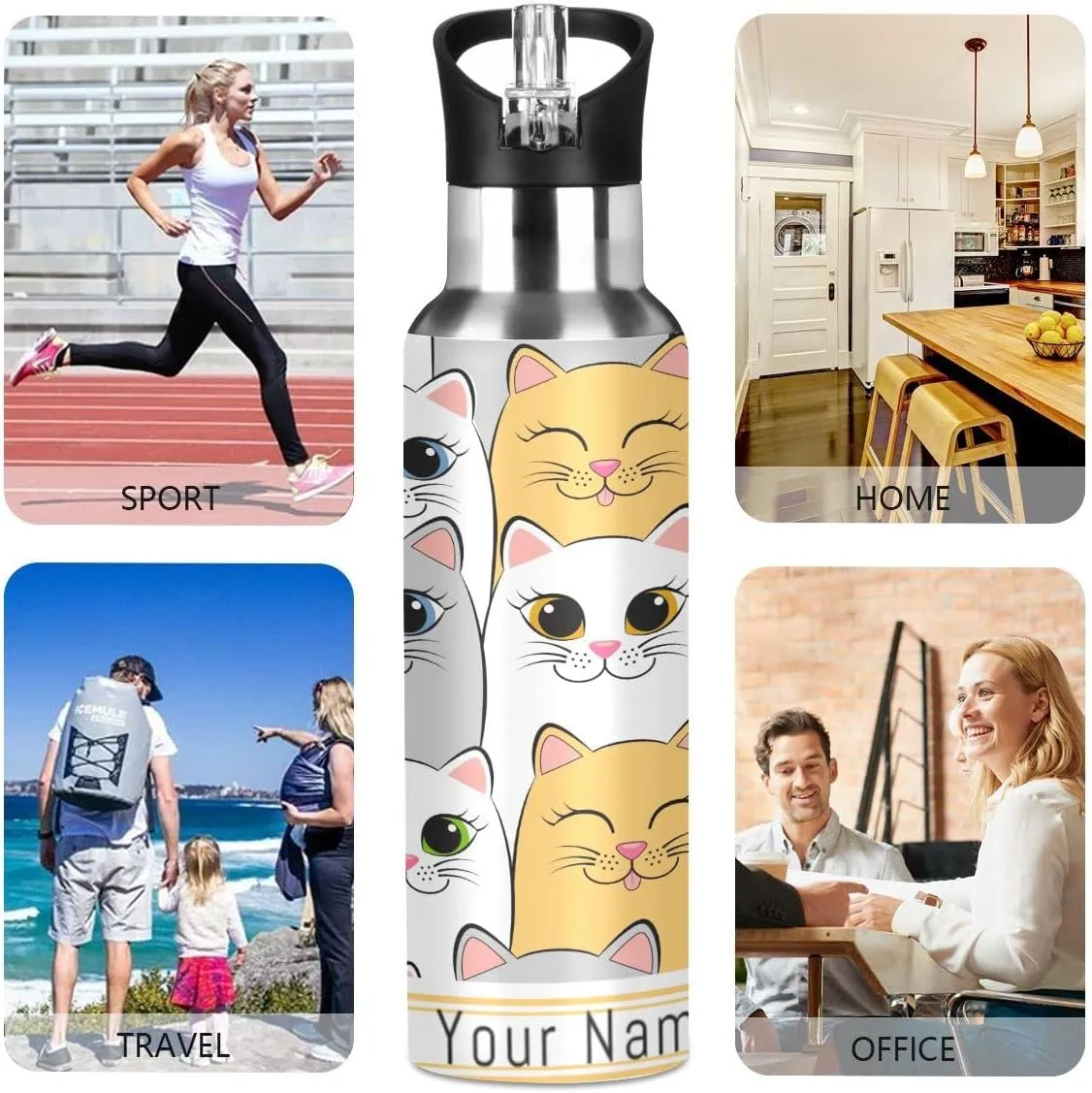 Custom Water Bottle with Straw, Cute Kitten White Cat Lid Thermos Kids Insulated Stainless Steel Water Flask Sports, 20 Oz Hot Cold