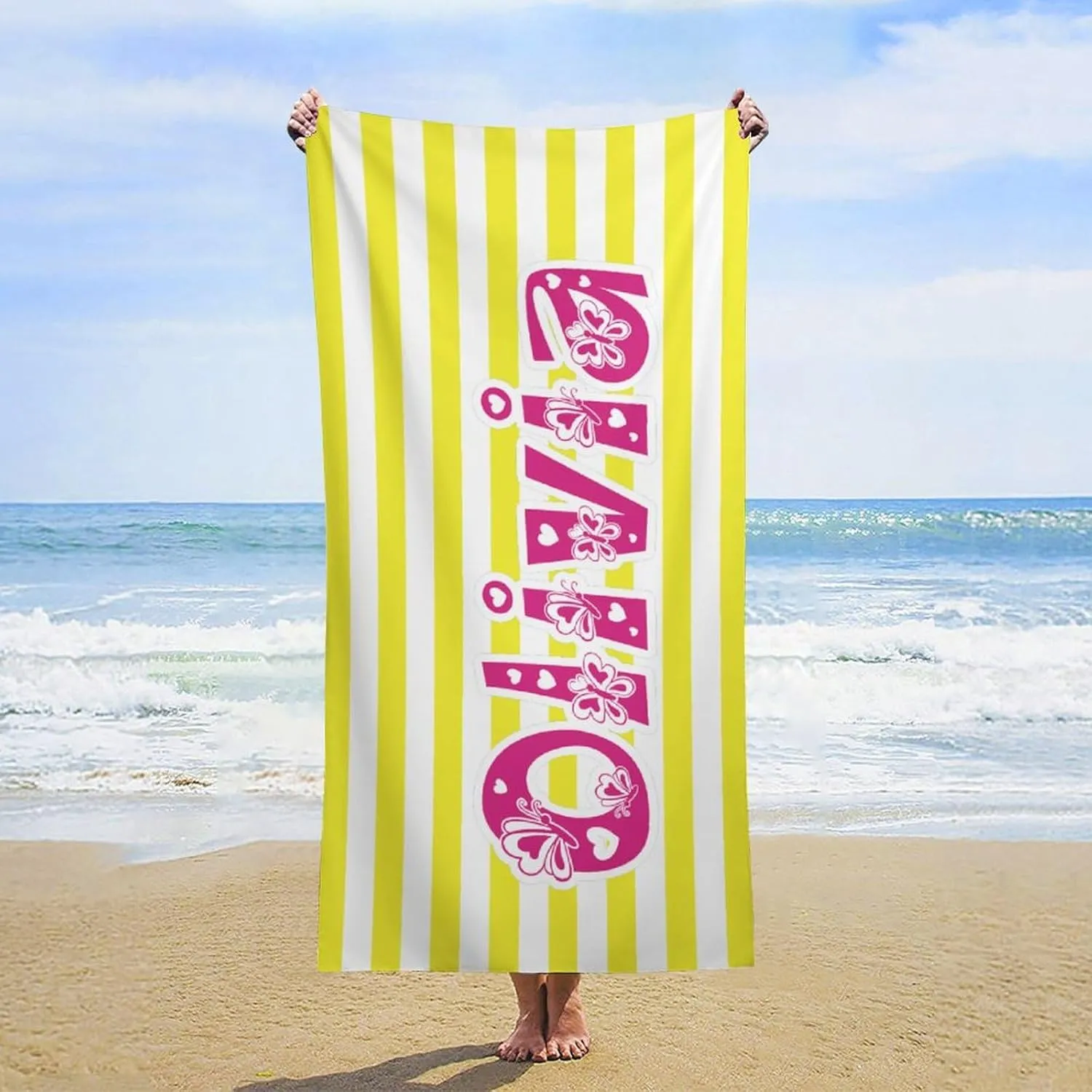 Custom Yellow And White Names Beach Towels for Kids Teen Gift Personalized Yellow And White Bath Towels Designer Fast Drying Striped Toalla De Playa for Kid Bachelorette Beach Towela