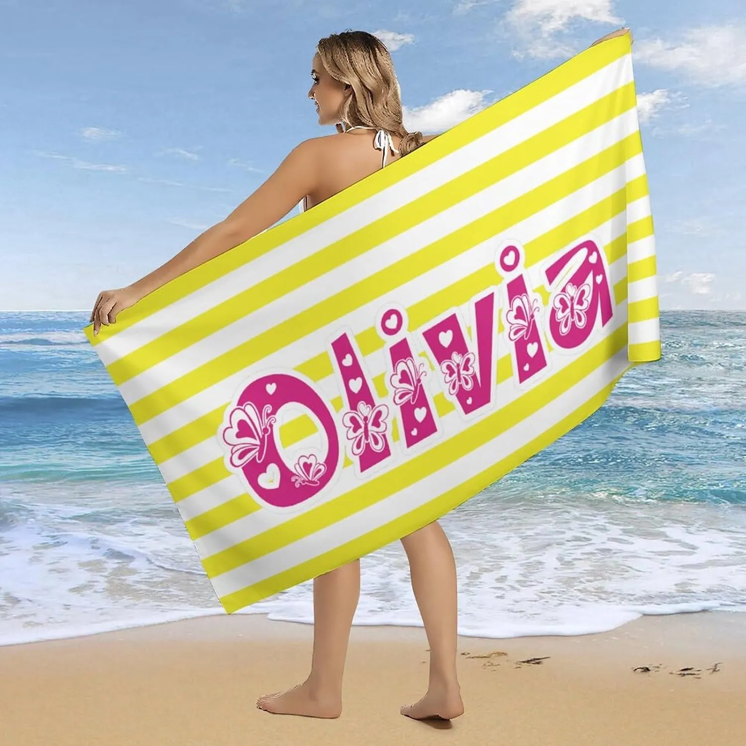 Custom Yellow And White Names Beach Towels for Kids Teen Gift Personalized Yellow And White Bath Towels Designer Fast Drying Striped Toalla De Playa for Kid Bachelorette Beach Towela