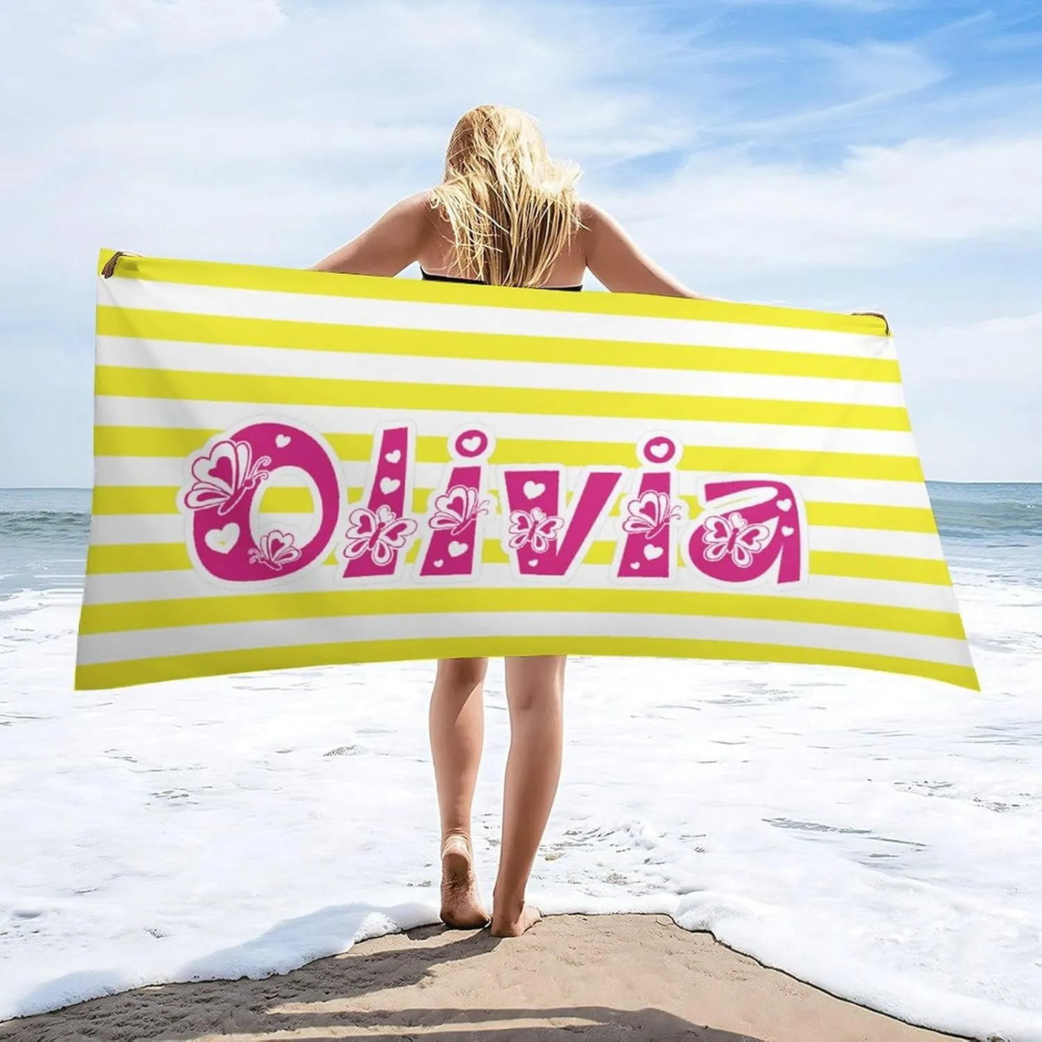 Custom Yellow And White Names Beach Towels for Kids Teen Gift Personalized Yellow And White Bath Towels Designer Fast Drying Striped Toalla De Playa for Kid Bachelorette Beach Towela