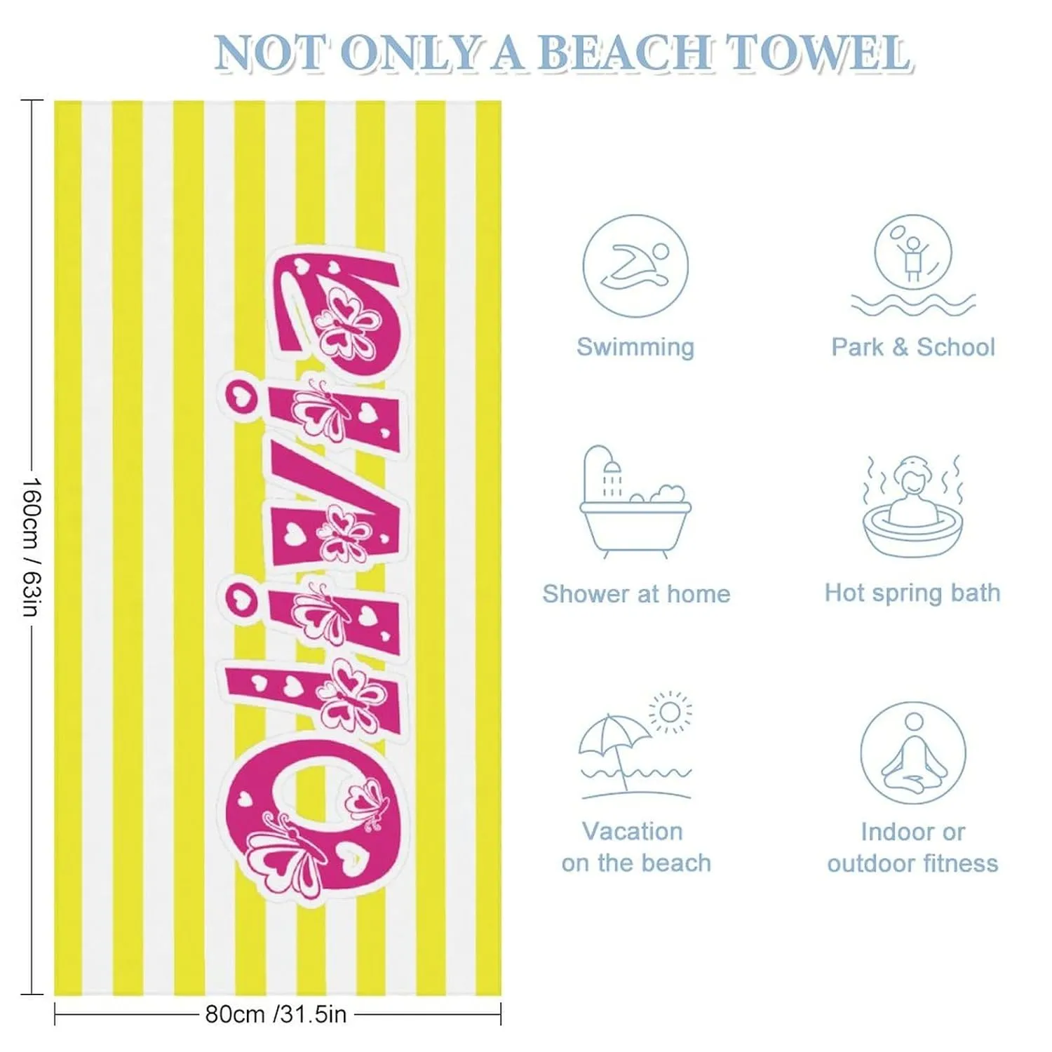 Custom Yellow And White Names Beach Towels for Kids Teen Gift Personalized Yellow And White Bath Towels Designer Fast Drying Striped Toalla De Playa for Kid Bachelorette Beach Towela