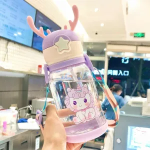 Cute Anti-Leak Water Bottle for Kids With Sipper - Cartoon Design, 600ML (Random Color)