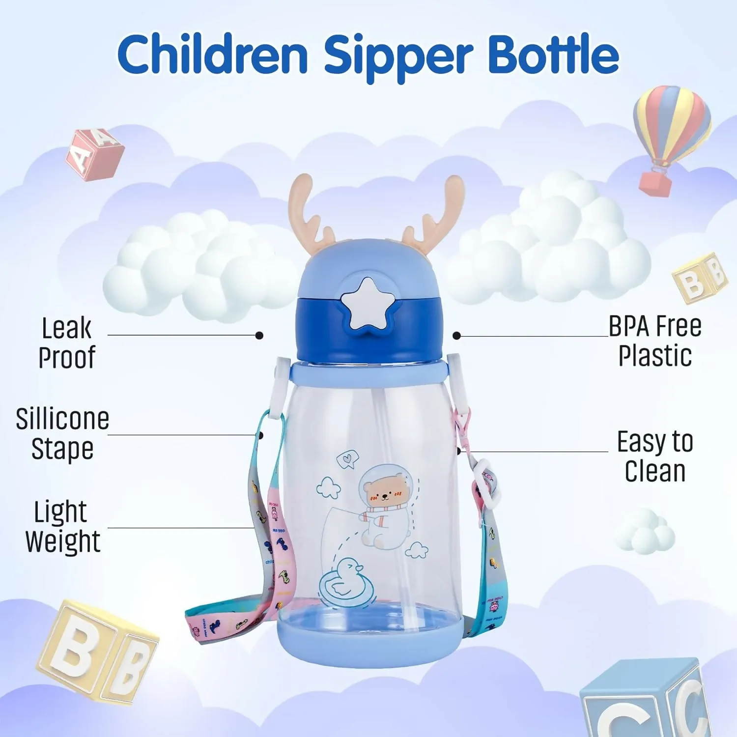 Cute Anti-Leak Water Bottle for Kids With Sipper - Cartoon Design, 600ML (Random Color)