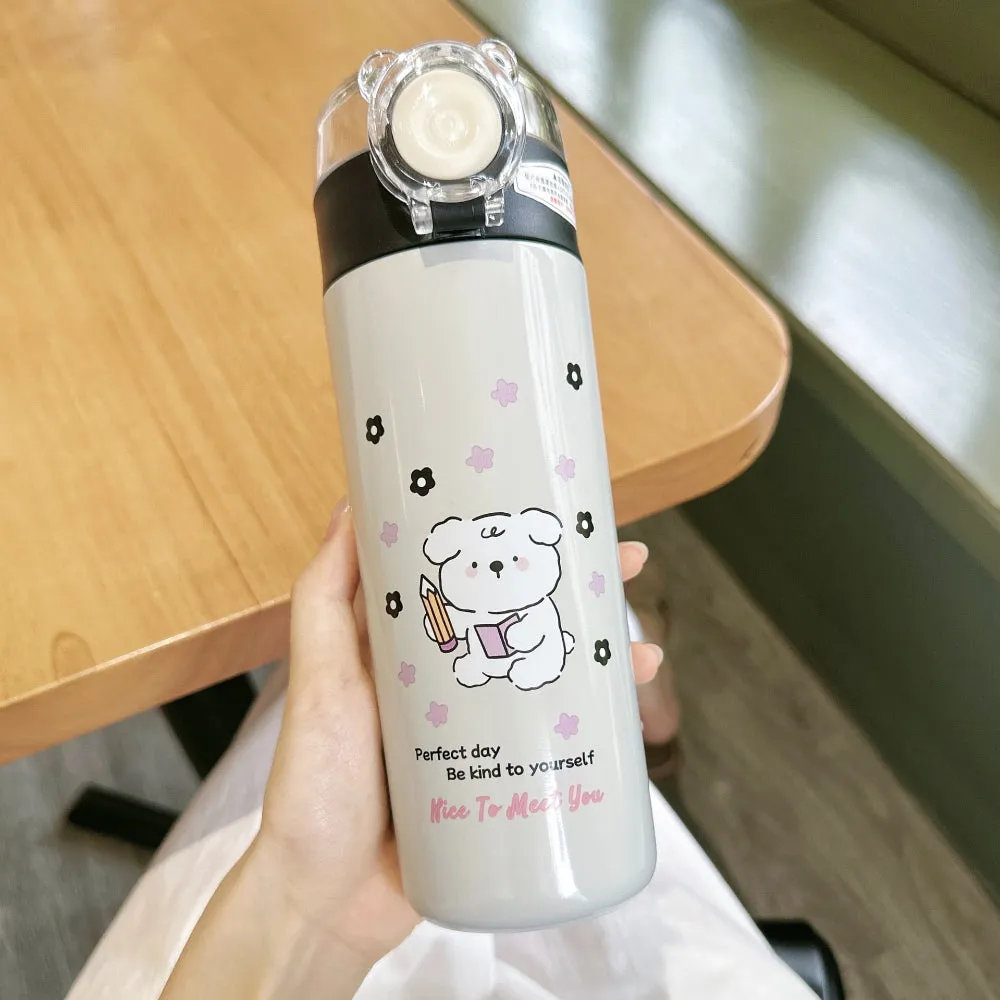 Cute Bear Stainless Steel Sipper Bottle – Leak-proof & Portable (500ml)