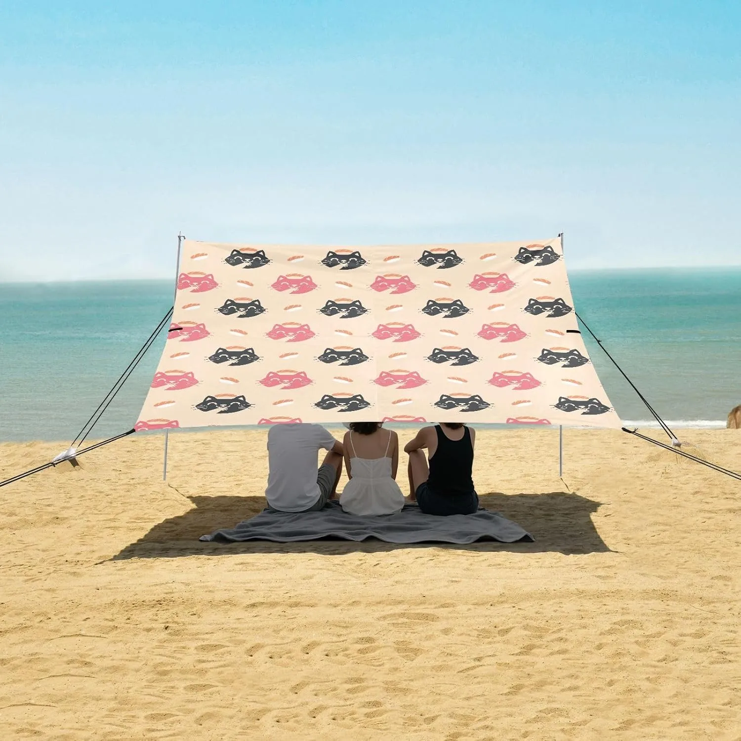 Cute Cat Head with Sushi Beach Camping Tent Sun Shelter for Whole Family, Beach Shade Canopy with UPF50  UV Protection,Easy Set Up and Carry,Outdoor Shade for Trips, Fishing, Backyard Fun Picni