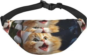 Cute Cat Sing Christmas Carols Print Fanny Pack For Men Women Adjustable Waist Bag Pack Crossbody Belt Bag For Travel Hiking Running