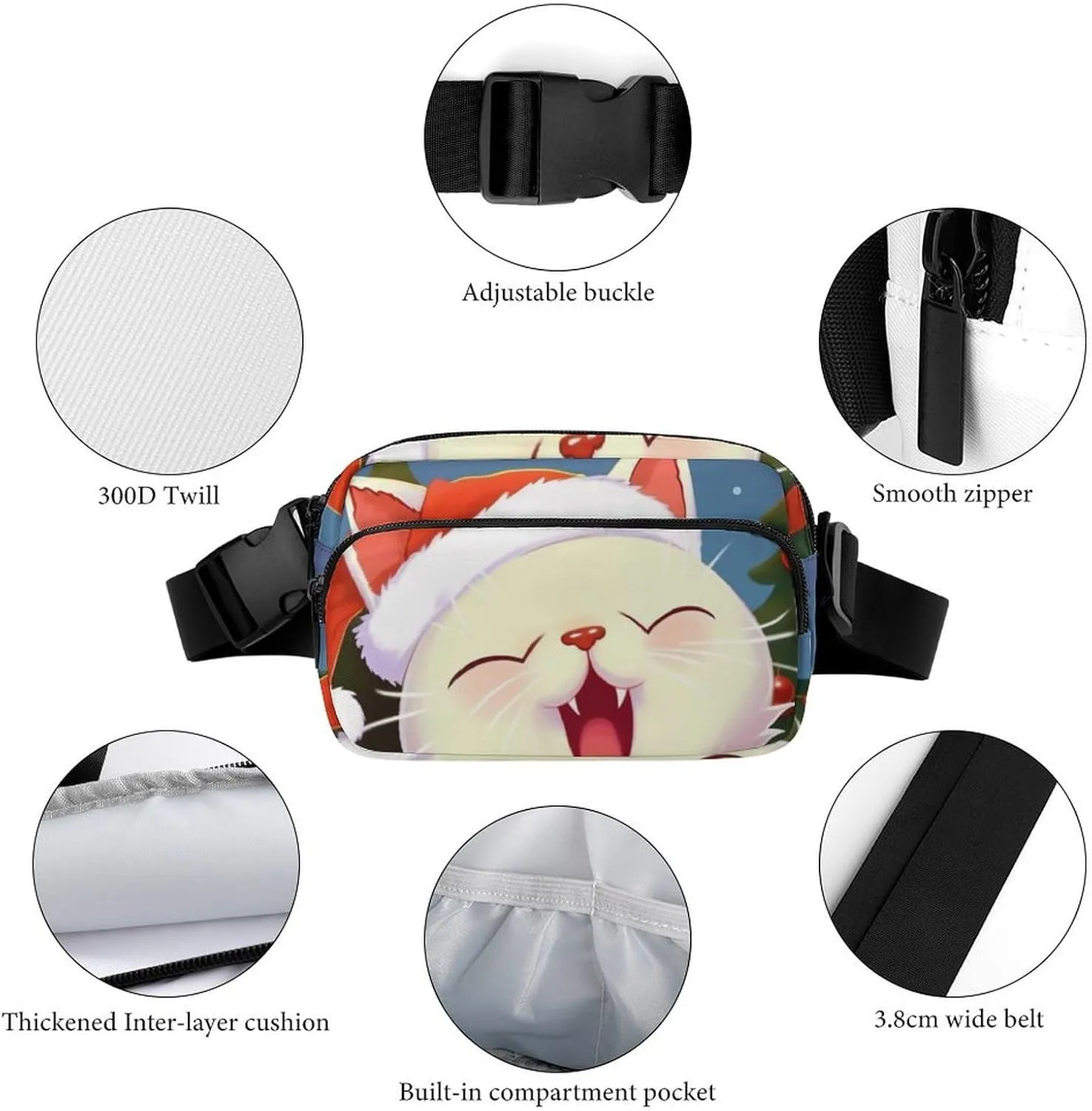 Cute Cat Sing Christmas Carols Print Fanny Packs for Women Men Fashion Portable Waist Pack Adjustable Belt Bum Bag Hip Bags for Travel