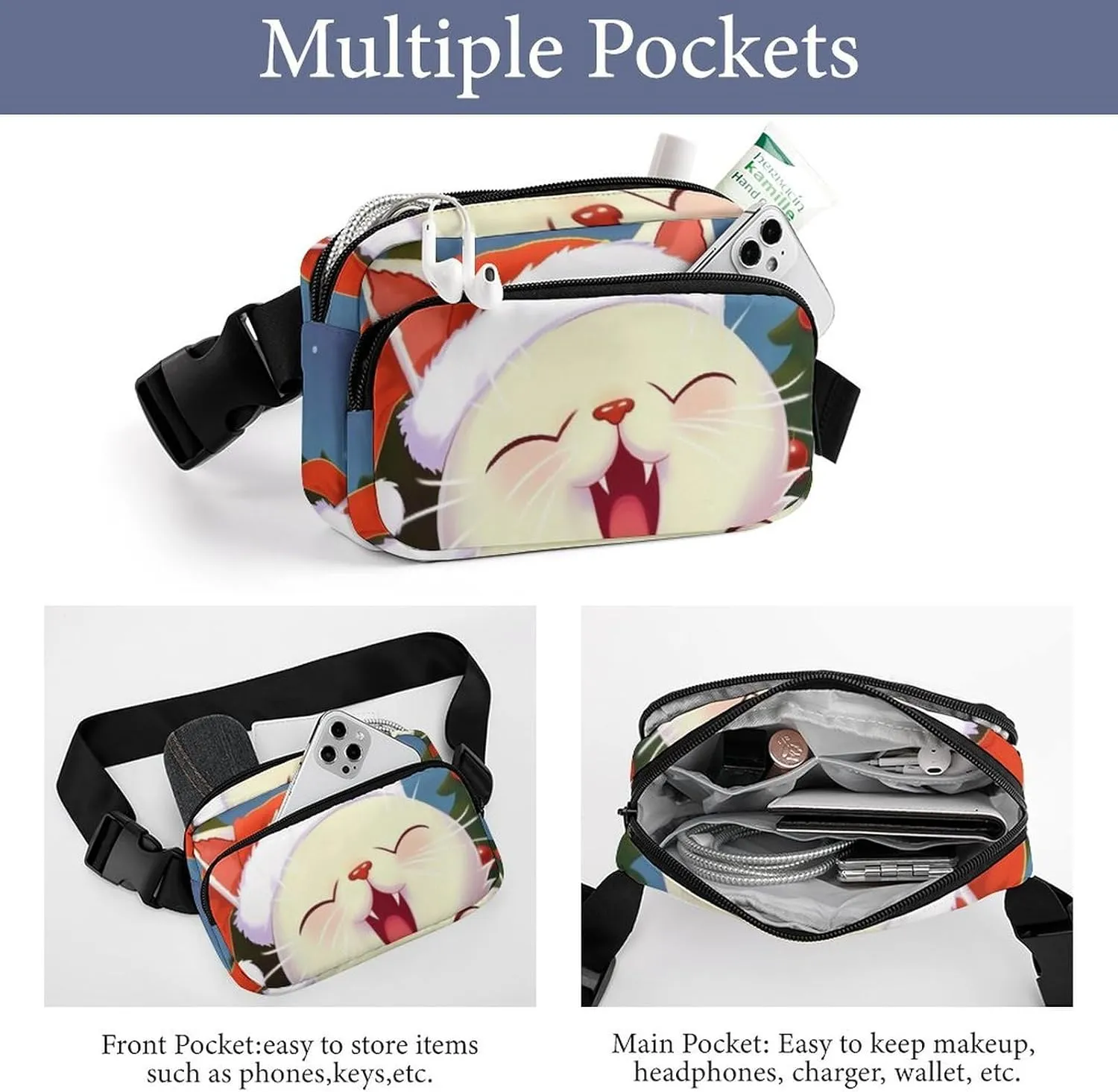 Cute Cat Sing Christmas Carols Print Fanny Packs for Women Men Fashion Portable Waist Pack Adjustable Belt Bum Bag Hip Bags for Travel