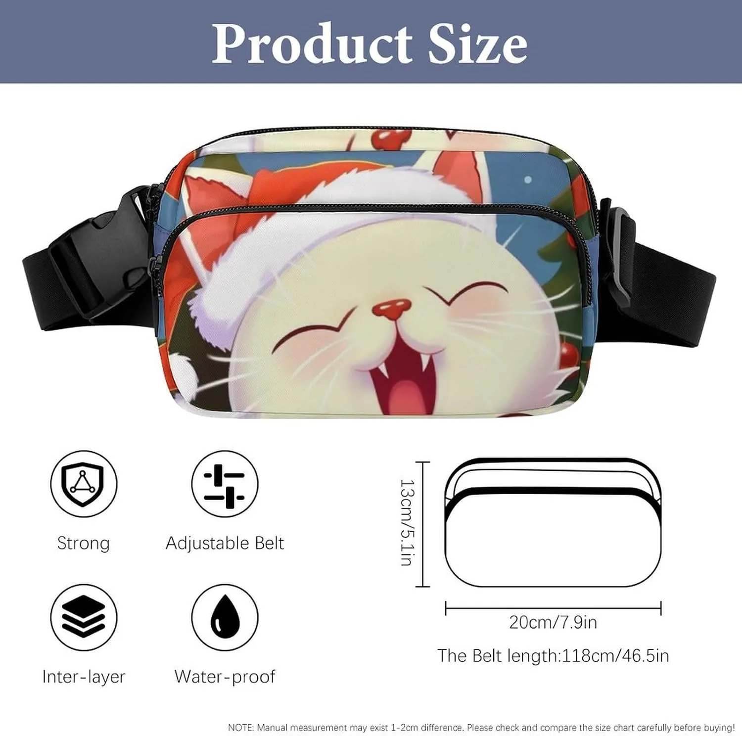Cute Cat Sing Christmas Carols Print Fanny Packs for Women Men Fashion Portable Waist Pack Adjustable Belt Bum Bag Hip Bags for Travel