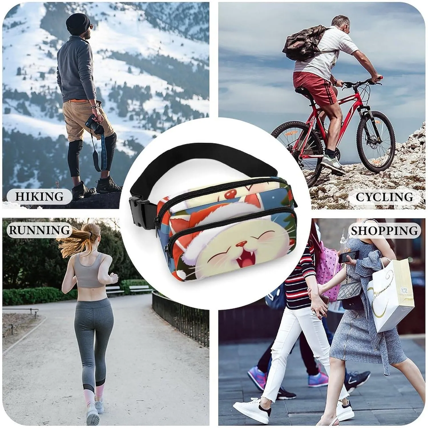 Cute Cat Sing Christmas Carols Print Fanny Packs for Women Men Fashion Portable Waist Pack Adjustable Belt Bum Bag Hip Bags for Travel