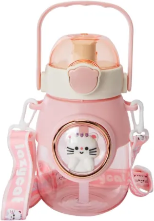 Cute Cat Water Bottle with Adjustable Strap, 27 oz, Pink, BPA Free