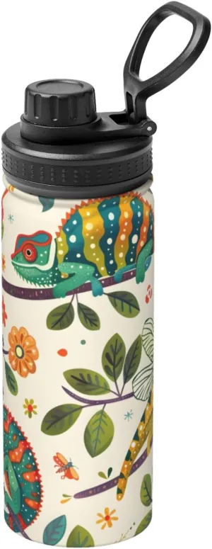 Cute Chameleon Flower Sports Insulated Water Bottle 18oz Stainless Steel Metal Water Bottles with Handle and Spout Lid Reusable Leakproof Double Wall Water Flask for Men Women Travel Gym