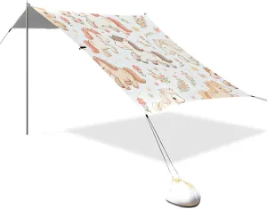 Cute Happy Horses Beach Tent Sun Shelter Set, UPF50  UV Protection 10.5 x 9.19 FT Camping Shade Canopy with Sandbags, Sand Anchors, Carrying Bag, and Others