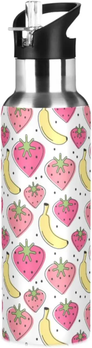 Cute Lovely Heart Water Bottle with Straw Lid Double Wall Strawberries Banana Thermos Bottle Vacuum Insulated Flask Stainless Steel Water Bottle for Gym Outdoor 20 OZ
