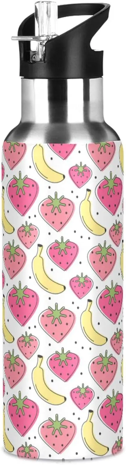 Cute Lovely Heart Water Bottle with Straw Lid Double Wall Strawberries Banana Thermos Bottle Vacuum Insulated Flask Stainless Steel Water Bottle for Gym Outdoor 20 OZ