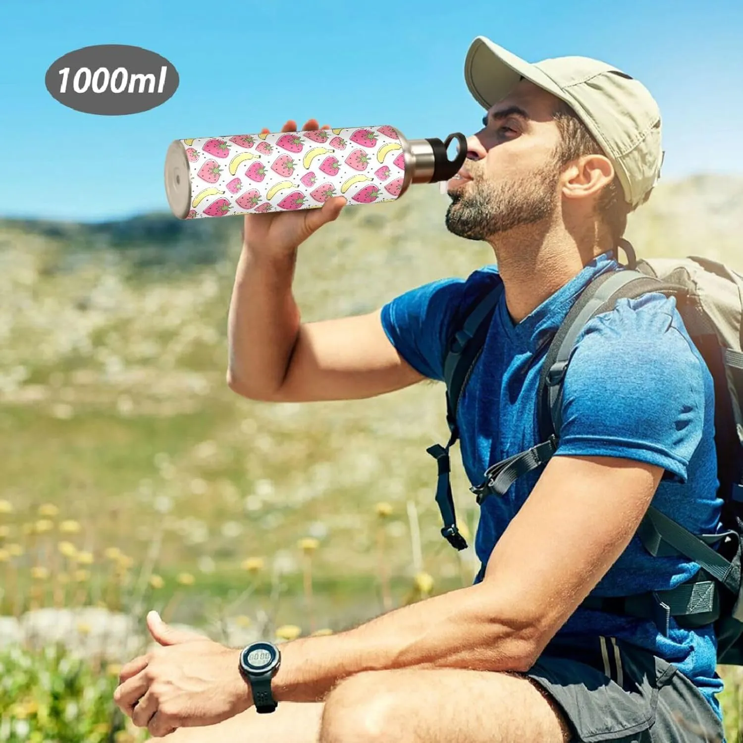 Cute Lovely Heart Water Bottle with Straw Lid Double Wall Strawberries Banana Thermos Bottle Vacuum Insulated Flask Stainless Steel Water Bottle for Gym Outdoor 20 OZ