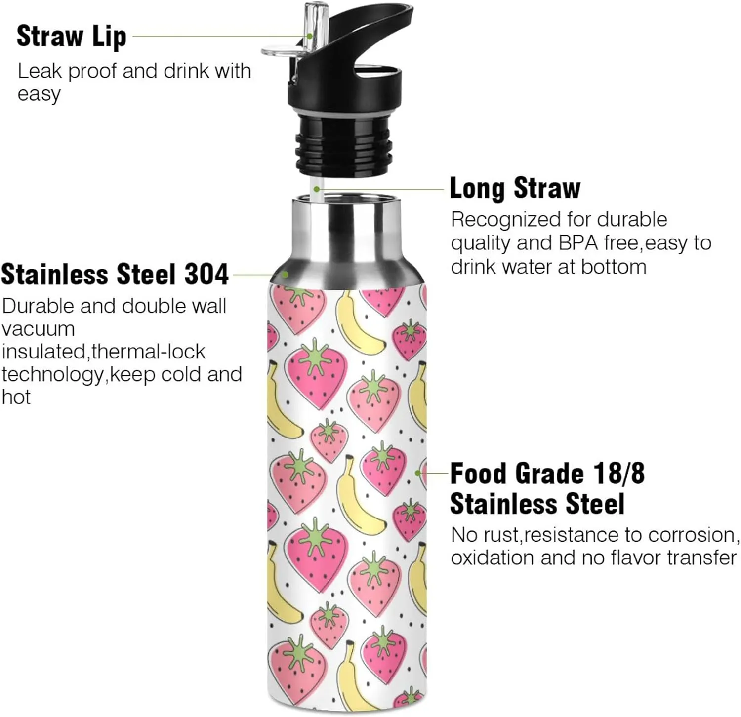 Cute Lovely Heart Water Bottle with Straw Lid Double Wall Strawberries Banana Thermos Bottle Vacuum Insulated Flask Stainless Steel Water Bottle for Gym Outdoor 20 OZ