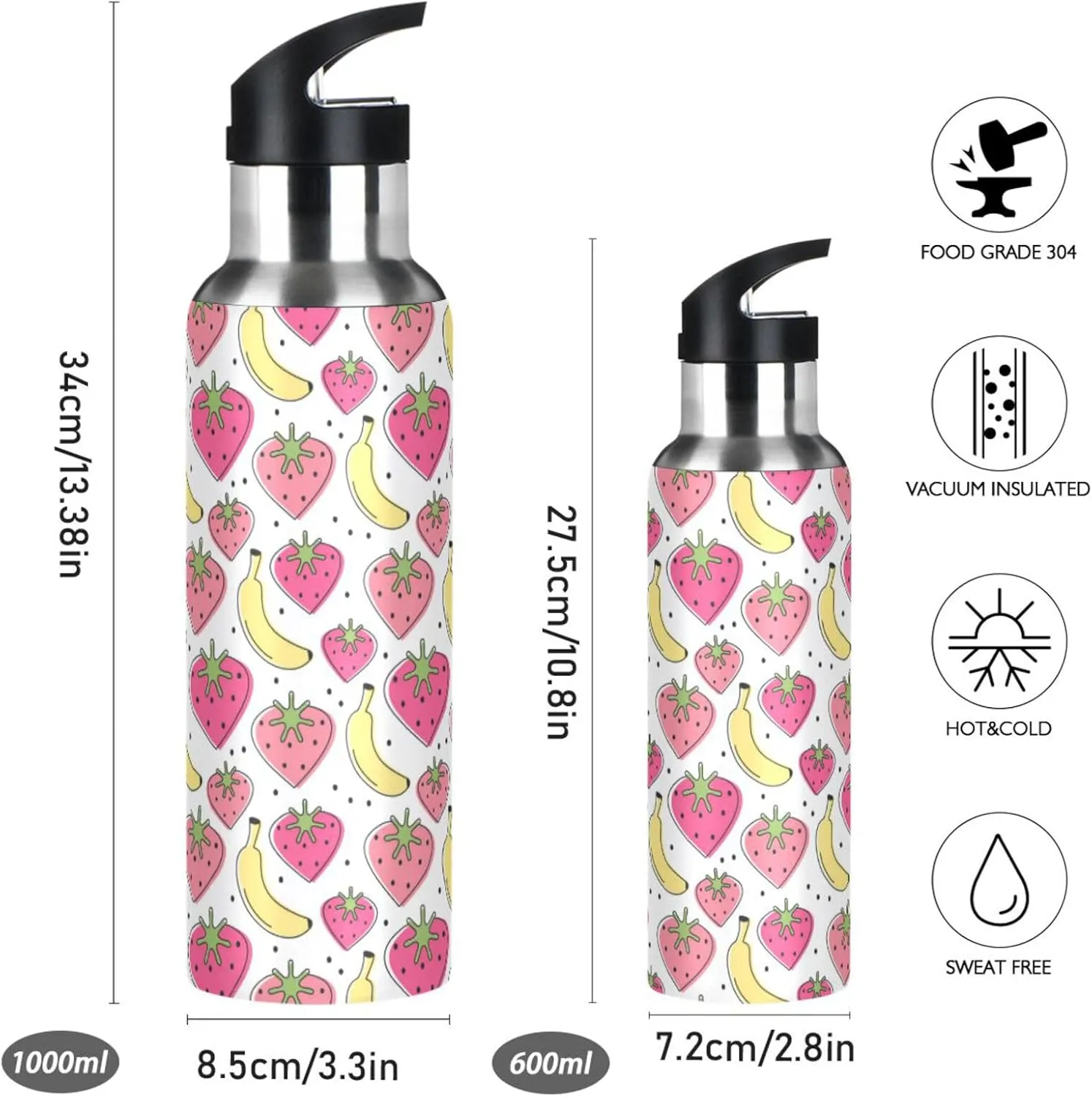 Cute Lovely Heart Water Bottle with Straw Lid Double Wall Strawberries Banana Thermos Bottle Vacuum Insulated Flask Stainless Steel Water Bottle for Gym Outdoor 20 OZ