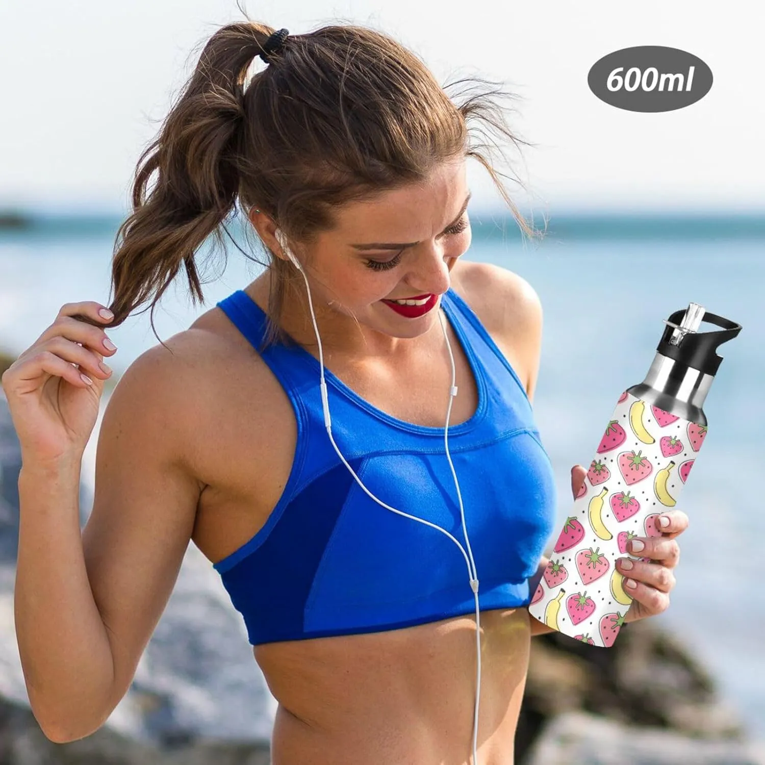 Cute Lovely Heart Water Bottle with Straw Lid Double Wall Strawberries Banana Thermos Bottle Vacuum Insulated Flask Stainless Steel Water Bottle for Gym Outdoor 20 OZ