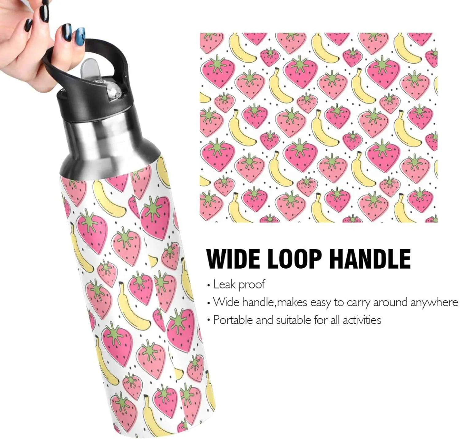 Cute Lovely Heart Water Bottle with Straw Lid Double Wall Strawberries Banana Thermos Bottle Vacuum Insulated Flask Stainless Steel Water Bottle for Gym Outdoor 20 OZ