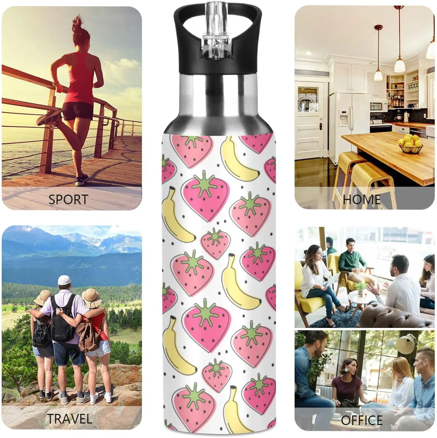 Cute Lovely Heart Water Bottle with Straw Lid Double Wall Strawberries Banana Thermos Bottle Vacuum Insulated Flask Stainless Steel Water Bottle for Gym Outdoor 20 OZ
