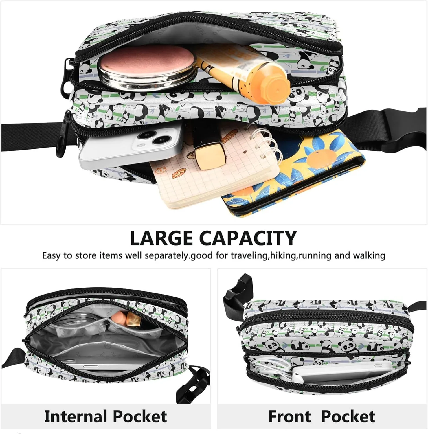 Cute Panda Bears Fanny Packs Women Hip Pack Belt Bag Waterproof Trendy Cross Body Waist Purse