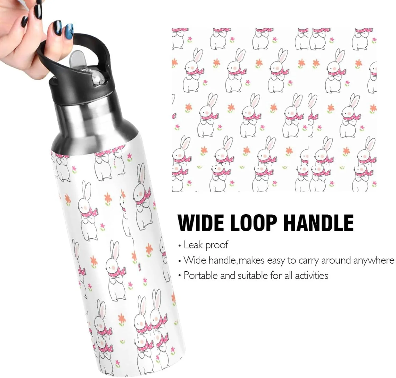Cute Rabbit Water Bottle with Straw Lid Double Wall Flower Thermos Bottle Vacuum Insulated Flask Stainless Steel Water Bottle for Gym Outdoor 35 OZ