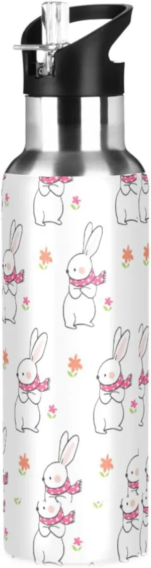 Cute Rabbit Water Bottle with Straw Lid Double Wall Flower Thermos Bottle Vacuum Insulated Flask Stainless Steel Water Bottle for Gym Outdoor 35 OZ