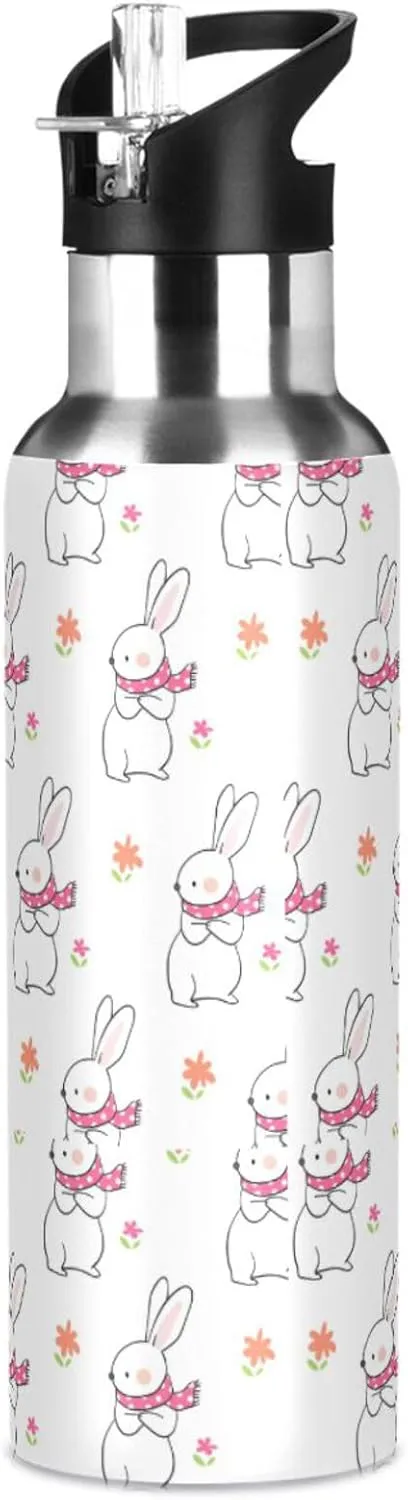 Cute Rabbit Water Bottle with Straw Lid Double Wall Flower Thermos Bottle Vacuum Insulated Flask Stainless Steel Water Bottle for Gym Outdoor 35 OZ